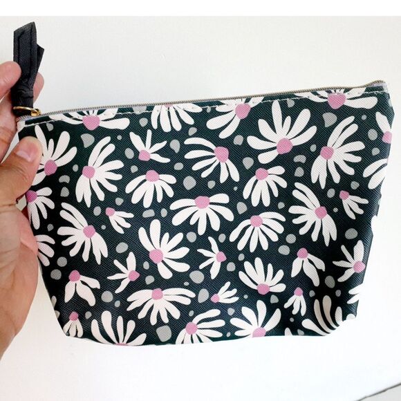 Brand New Two Navy Floral Green Abstract Prints Cosmetic Bag Purse NWOT 6"L - Picture 2 of 12
